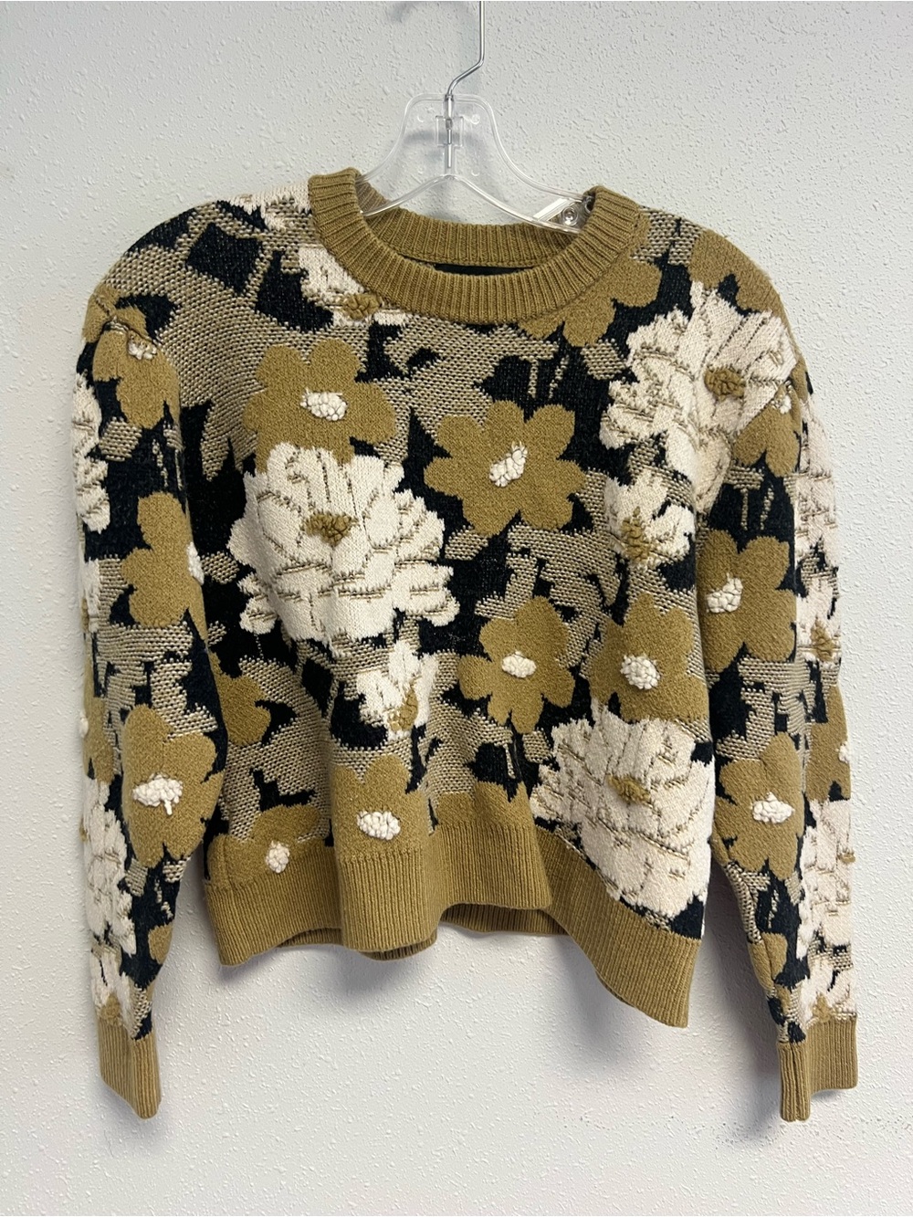 Club Monaco Olive, Black & Cream Floral Crewneck Sweater